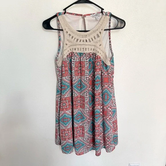 Speechless Teal and Coral Patterned Crochet Mini Dress - Picture 2 of 9